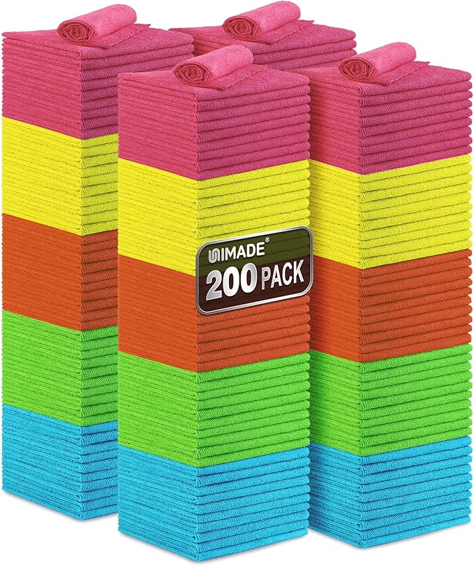 UNIMADE Microfiber Cleaning Cloth, 200PK Reusable Shop Rags Bulk Microfiber Cleansing Cloth Lint Free Cleaning-Towel for Car Kitchen Automotive Bar Mechanic Restaurant Garage,11.5"x11.5",Multicolor