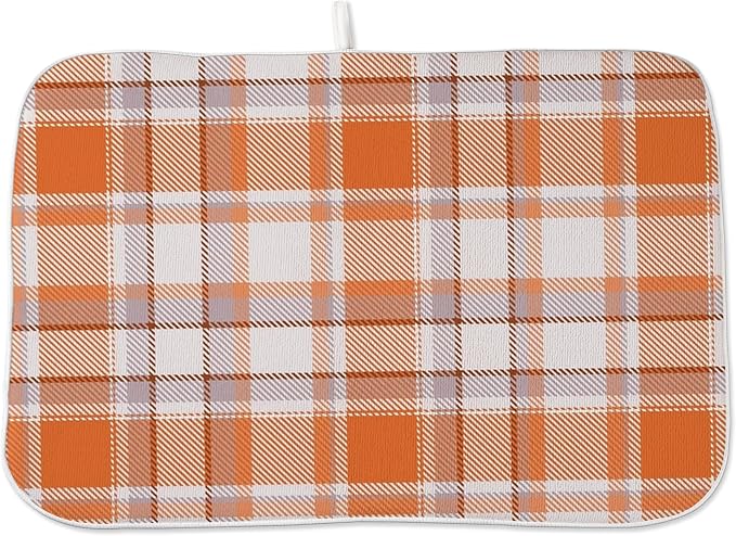 Fall Dish Drying Mat 18x24 Inches For Kitchen Counter Orange Plaid Kitchen Decoration Drying Mat Decorative Autumn Thanksgiving Drying Pad for Home Kitchen,Dining Room,Office Decor