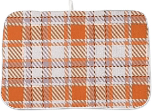 Fall Dish Drying Mat 18x24 Inches For Kitchen Counter Orange Plaid Kitchen Decoration Drying Mat Decorative Autumn Thanksgiving Drying Pad for Home Kitchen,Dining Room,Office Decor