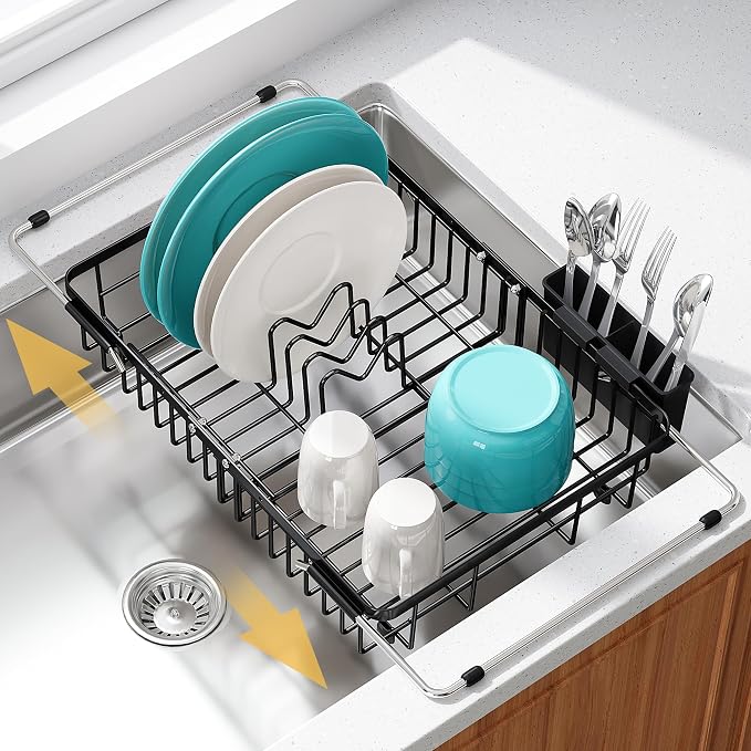 JASIWAY Expandable Stainless Steel Black Over The Sink Dish Drying Rack for Small Kitchen Counter Space Saving, Compact Plate Drainer Strainer, Adjustable Hanging Metal Dish Dryer with Utensil Holder