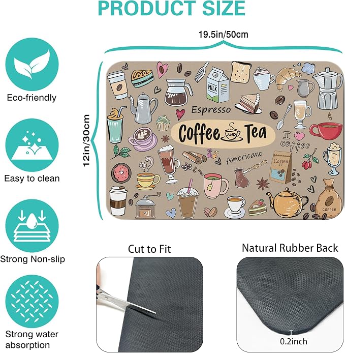 Super Absorbent Anti-Slip Silicone Dish Drying Mats for Kitchen Counter - Draining Pad Decor Gift - Fit Coffee Maker, Espresso Machine - 19inx12in