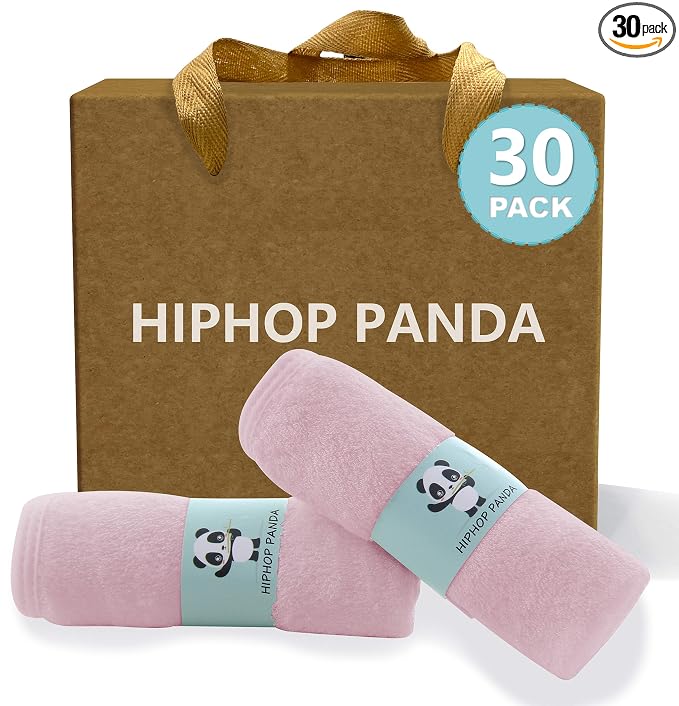 HIPHOP PANDA Baby Washcloths, Rayon Made from Bamboo - 2 Layer Ultra Soft Absorbent Newborn Bath Face Towel - Reusable Baby Wipes for Delicate Skin - Pink, 30 Pack