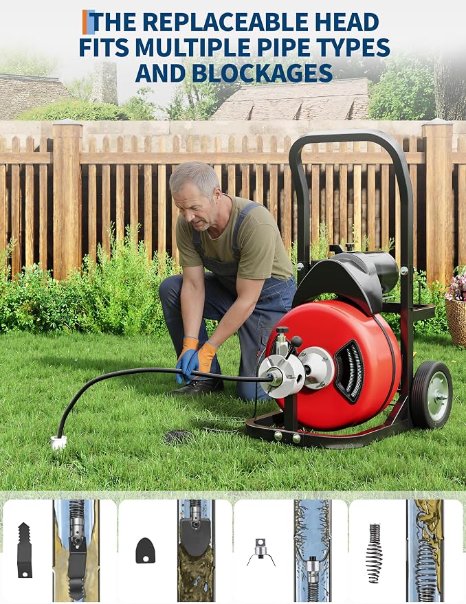 Garvee Drain Cleaner Machine Electric 370W 100FT 1/2 Inch Steel Core Cable | Durable steel cable , 370W motor, auto-feed, foot switch, portable with wheels — for pipes, drains, sinks, toilets