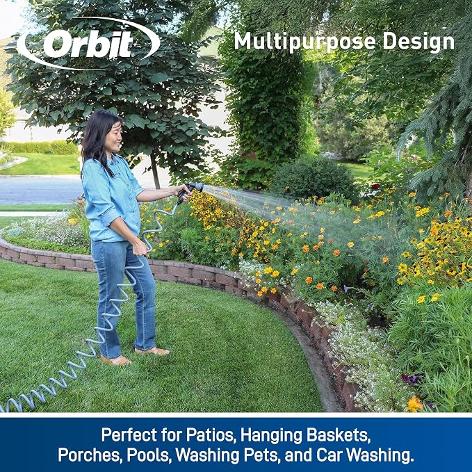 Orbit 26380 Coil Garden Hose, 25 Feet, with 8-Pattern Hose Nozzle (Green)