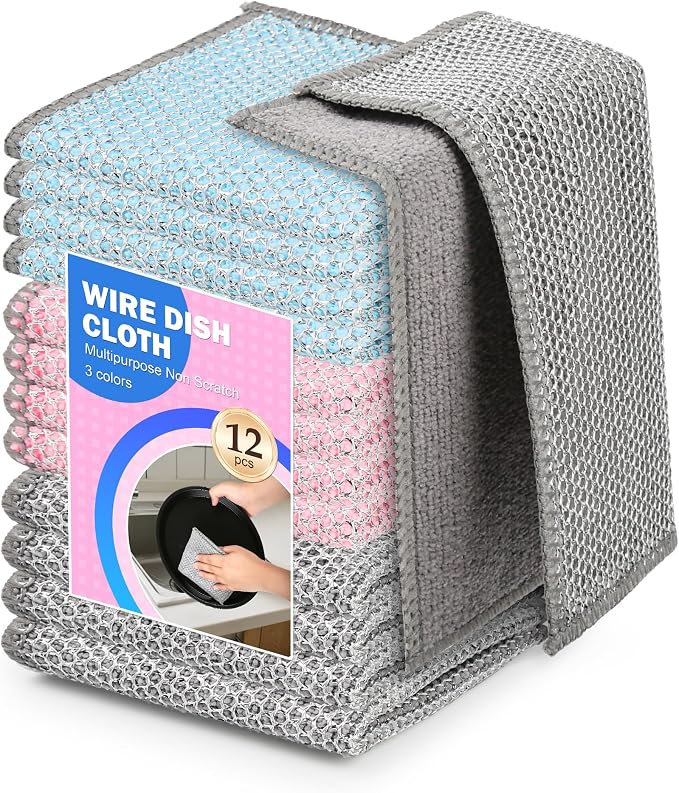 12Pack Upgrade Multi-Purpose Wire Dishcloths, Double-Side Non Scratch Wire Dishcloth, Silver Mesh Dish Cloths, Reusable Metal Mesh Cleaning Cloths, Mesh Scrub Cloths for Kitchen/Stove/Oven