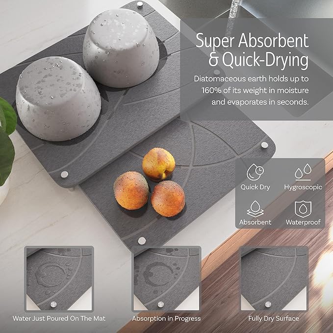 Nested Dish Drying Stone Mat with Bamboo Rack | Large 16"x12" Dish Drying Mat plus 13"x12" Diatomaceous Earth Stone Mat | Expands to 29” x 12” | Premium Stone Mat for Kitchen Counter (Dark Gray)
