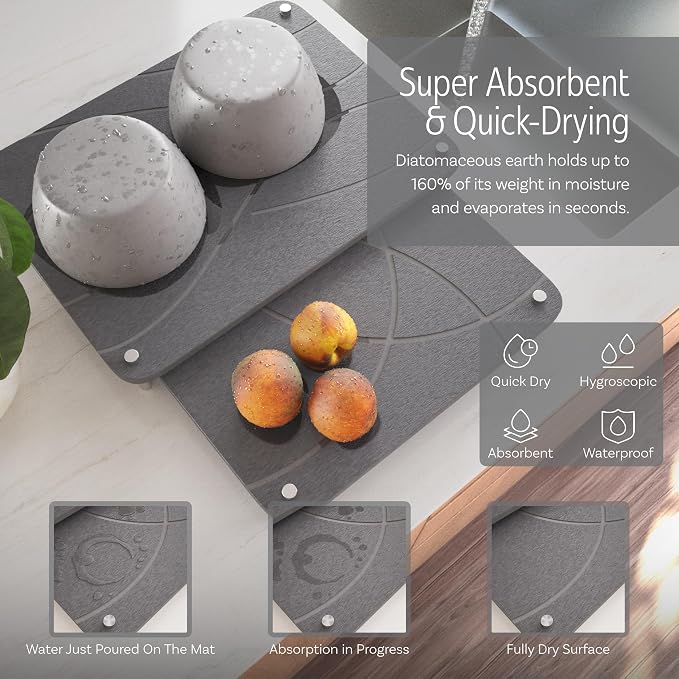 Large Stone Drying Mat for Kitchen Counter | 15.8” x 11.8” Dish Drying Mat Large | Diatomaceous Earth Collapsible Stone Dish Drying Mat | Collapsible Stone Mat for Kitchen Counter (Dark Gray)
