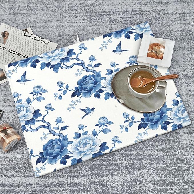Chinoiserie Dish Drying Mat, for Kitchen Counter Microfiber Absorbent, Blue and White Dish Draining Mat Extra Large 18"x24"