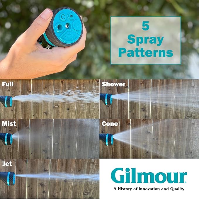 Gilmour Heavy Duty Button Control Garden Hose Nozzle with Swivel Connect | 5 Spray Patterns, Ergonomic Grip, Flow Control, Durable Graphite Metal Build, Multi Use for Plants, Pets, Cars, and Patios
