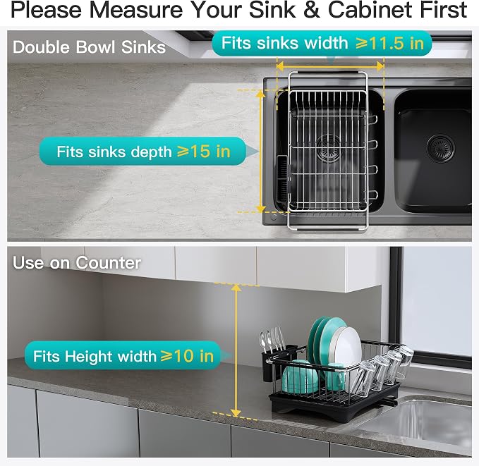 JASIWAY Black Sink Dish Drying Rack with Drainboard, Expandable Stainless Steel Dish Drainers for Kitchen Counter, Space Saving Dish Dryer Rack, Over The Sink Dish Racks with Utensil Holder