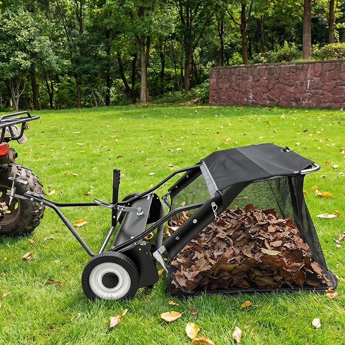 MAXLANDER 42-Inch Tow-Behind Lawn Sweeper with 12 Cu.Ft. Hopper, Adjustable Brush Height, Pull Behind Leaf & Grass Collector for Lawn Tractors