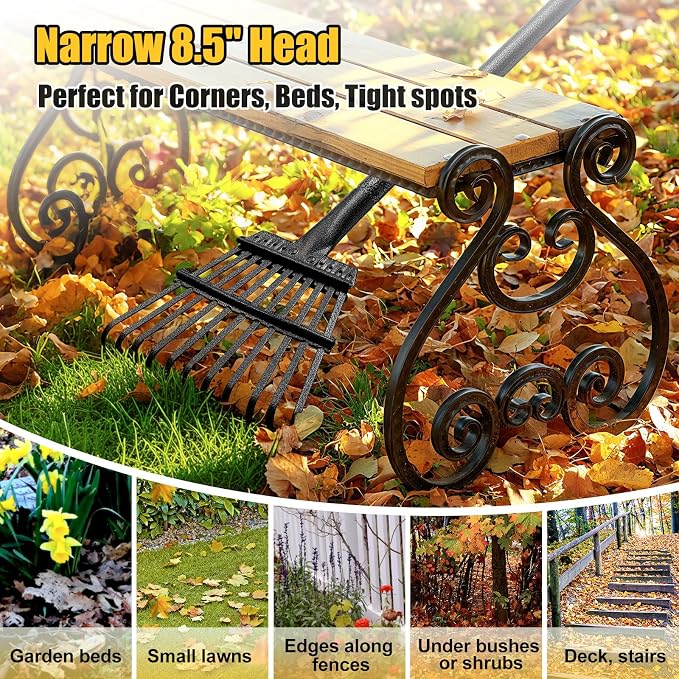 Rake for Leaves: Small Metal Garden Rake, 8.5" Wide, 11 Metal Tines,Heavy Duty Lightweight Kids Leaf Rakes for Small Lawn Yard Shrub,Tight Spot Garden Bed Leaf Debris Picking Cleaning, 60” Long Handle