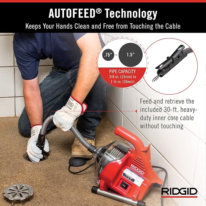 RIDGID 55808 PowerClear 120-Volt Drain Cleaning Machine Kit for Tubs, Showers, and Sinks, Drain Cleaner Machine Kit with AUTOFEED, Inner Core Cable, and Guide Hose