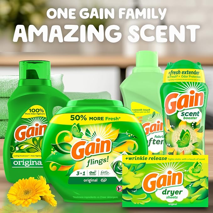 Gain Liquid Fabric Softener,Original Scent,140 FL OZ,190 Loads,Liquid Fabric Softener For Soft,Fresh Laundry,(Pack of 2)