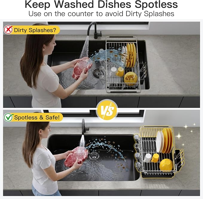 JASIWAY Sink Dish Drying Rack with Drainboard, Expandable Stainless Steel Dish Drainers for Kitchen Counter, Space Saving Dish Dryer Rack, Over The Sink Dish Racks with Utensil Holder, Silver