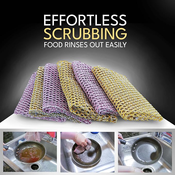 Non-Scratch Dish Scrubbers (6 Pcs) — Outlasts 7+ Sponges, Stays Odor-Free | Replace Smelly Kitchen Sponges | Non-Absorbent Mesh | Safe on Non-Stick, Cast Iron, Glass | Made in Korea Since 2012
