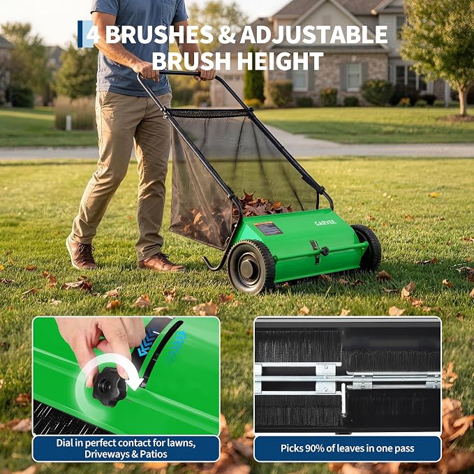 Garvee Push Lawn Sweeper, 26" Leaf & Grass Collector with 7Cu.ft Hopper Bag | Heavy Duty Yard Sweeper with Clear Dust Cover & Large Collection Bag for Leaves, Grass Clippings, for Lawn Yard Cleanup
