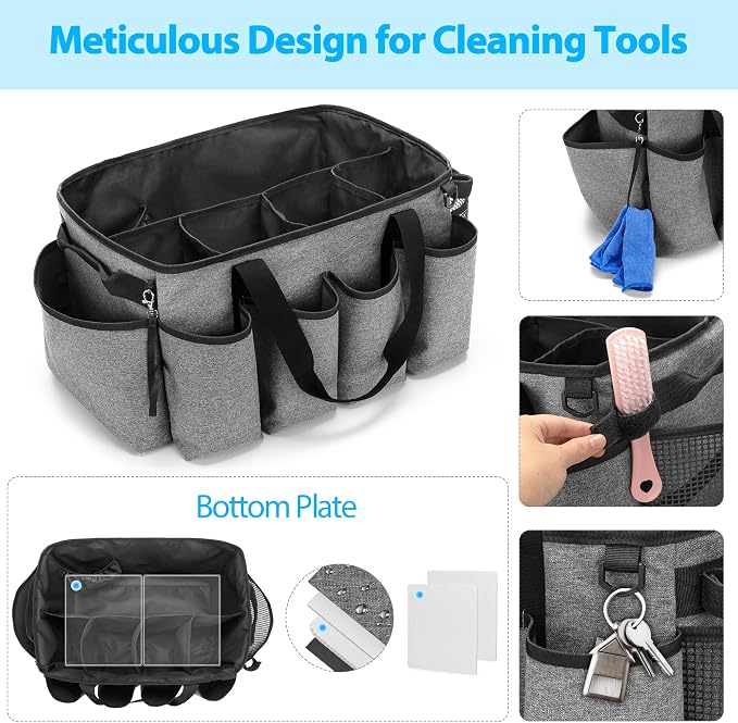 HODRANT Extra-Large Cleaning Caddy with Handles & Multi Pockets | Large Capacity Tote Bag for Cleaning Tools & Products Storage, Cleaner Organizer for Car, Home & Housekeeping Work, Gray