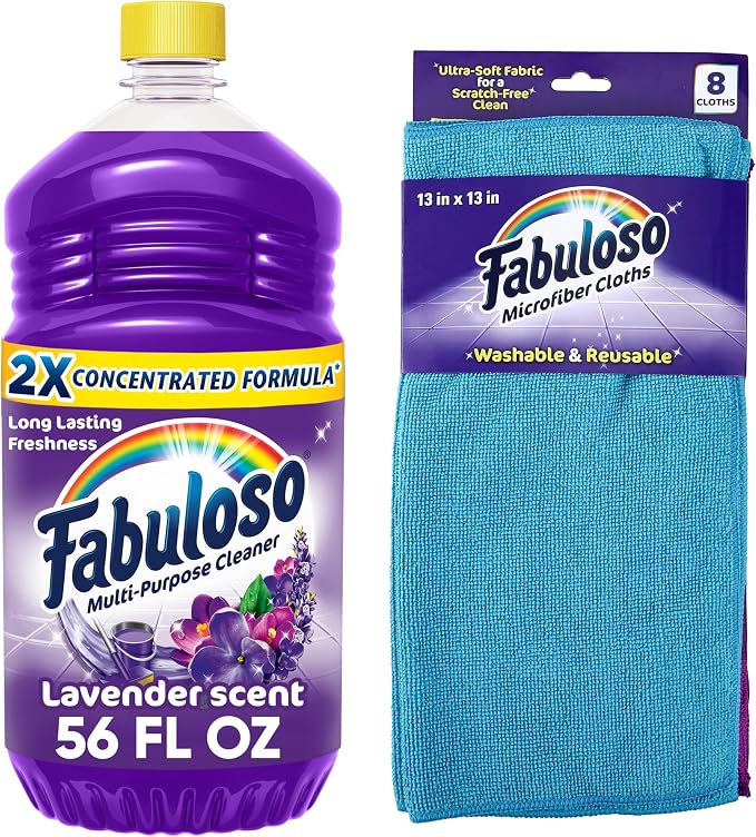 Fabuloso Multi-Purpose Cleaner & Floor Cleaner, 2X Concentrated, Lavender Scent, 56 fluid ounces Microfiber Cleaning Cloths - Rainbow Colors