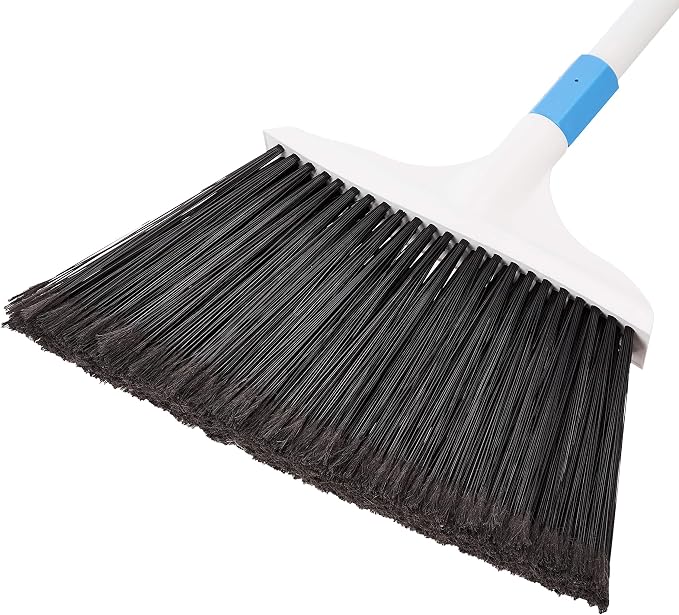 Amazon Basics Heavy-Duty Floor Cleaning Broom with Stiff Bristles, Sturdy 3-Piece Handle, Easy to Assemble, Indoor Outdoor Use for Driveways and Sidewalks, Blue and White