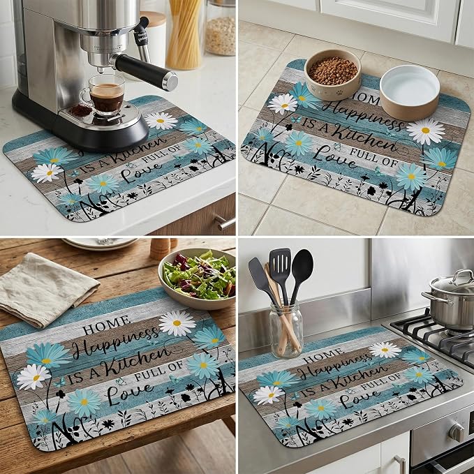 Daisy Dish Drying Mat for Kitchen Counter Sink, Absorbent Microfiber Farmhouse Drying Pad, Reversible Countertop Mat for Kitchen Decor