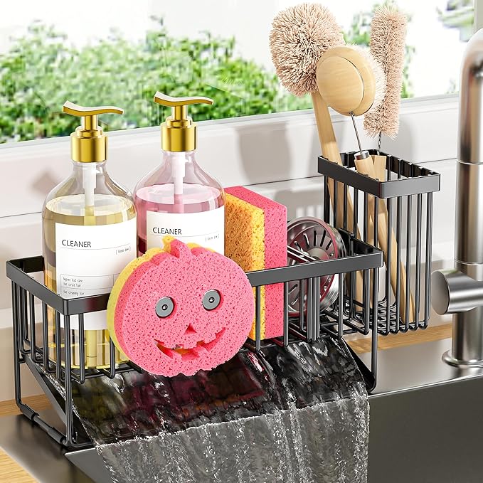 Cisily 8.26'' Sponge Holder for Kitchen Sink, Smiley Face Sink Caddy with Removable Brush Holder,Self-Draining Sponge Caddy for Sponge,Soap,Dish Brush,Scrubber,Kitchen Essentials and Gadgets