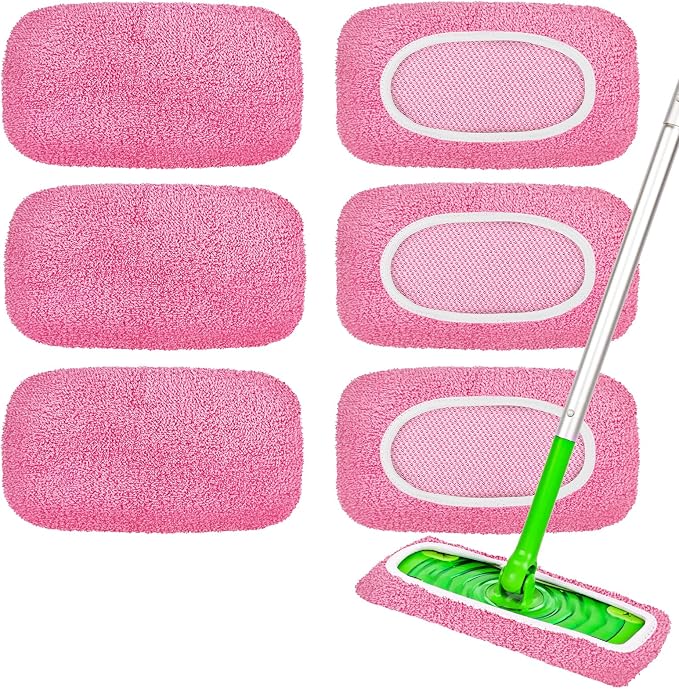6-Pack Reusable Mop Pads Compatible with Sweeper Mop - 100% Coral Fleece Washable Refills - Microfiber Dry & Wet Sweeping Cloths for Multi-Surface/Hardwood Floor Cleaning- Pink