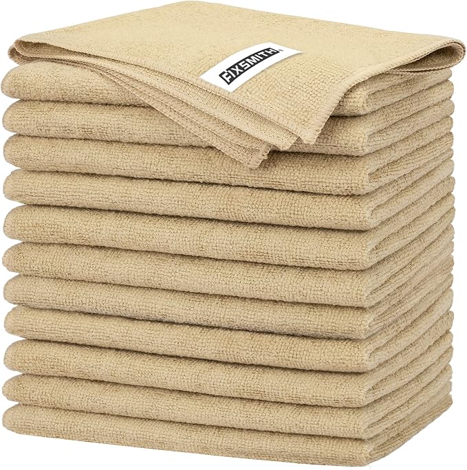 FIXSMITH Beige Microfiber Cleaning Cloth -Pack of 12, Highly Absorbent Cleaning Rags, 16"X12" All Purpose Cleaning Towels for Housekeeping, Kitchen, Car, Lint Free and Reusable Microfiber Towels
