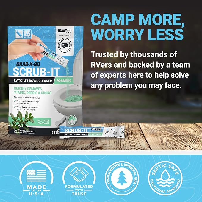 Unique Scrub-It Foaming Powder RV Toilet Cleaner Stick Packs, 15-Count | Premeasured Wild Thyme scent powder cleans RV toilet bowl stains, rings, debris, & odors; adds bacteria after flushing