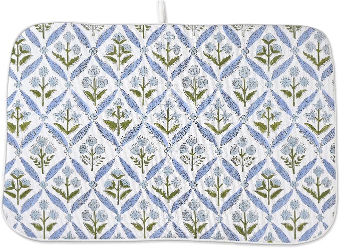 Boho Dish Drying Mat 18x24 Inches For Kitchen Counter Block Print Blue Floral Kitchen Decoration Drying Mat Modern Decorative Flower Drying Pad Mat for Home Kitchen Decor,Dining Room,Office