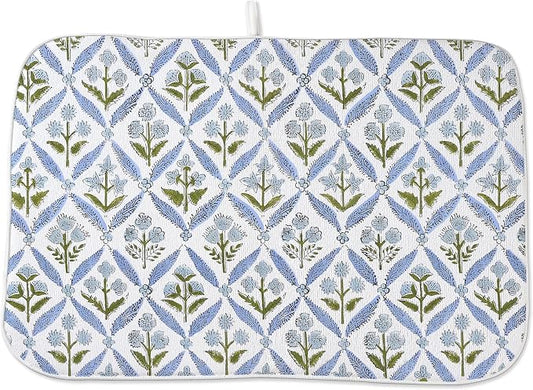 Boho Dish Drying Mat 18x24 Inches For Kitchen Counter Block Print Blue Floral Kitchen Decoration Drying Mat Modern Decorative Flower Drying Pad Mat for Home Kitchen Decor,Dining Room,Office