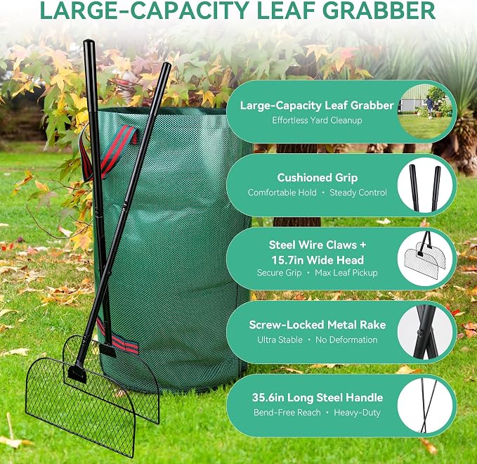Leaf Grabber Rake with Long Handle Leaf Collector Grass Picker Upper with Yard Bags No Bend Leaves Pickup Tool and Hands Rake for Gardening-Efficient and Labor Saving