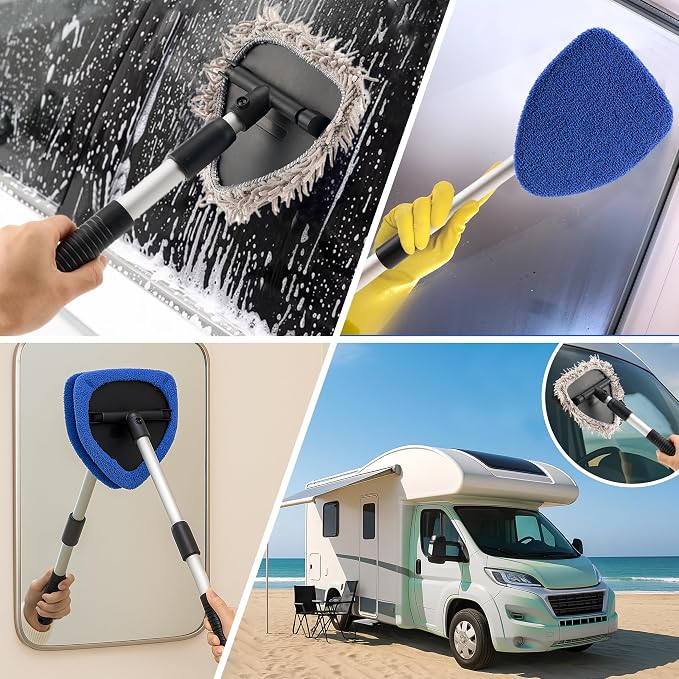 Windshield Cleaner Tool with 180° Rotating Head, Car Window Cleaner Tool with Extendable Handle and 4 Reusable Microfiber Pads, Car Windshield Cleaning Brush for Effortless and Efficient Cleaning