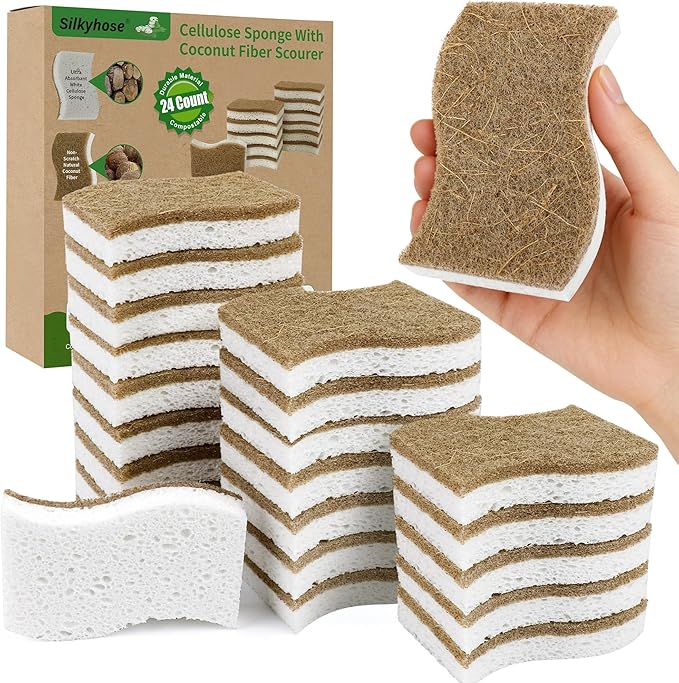 Natural Kitchen Sponges, Biodegradable & Compostable | Non-Scratch Cellulose Coconut Fiber Sponges for Dishes, Pots & Pans | Eco-Friendly Cleaning Sponge (24)