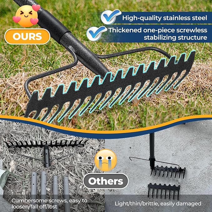 49“-77” Adjustable Rake, 17" Extra Wide Double-Sided Lightweight Head Garden Rake | Lightweight & Unbreakable | Level Soil, Remove Leaves, Spread Mulch Fast, Leaf Cleanup, Landscaping, Yard Cleanup
