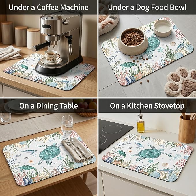 Sea Turtle Dish Drying Mat for Kitchen Counter Sink, Summer Beach Absorbent Microfiber Drying Pad, Reversible Waterproof Countertop Mat for Kitchen Decor