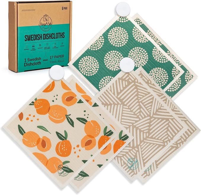 Harps&Seb Swedish Dishcloths for Kitchen Dishcloths - 6 Pack, Reusable Paper Towels with Clips, Super Absorbent Washable Non-Scratch Swedish Dish Towels, No Odor, Biodegradable