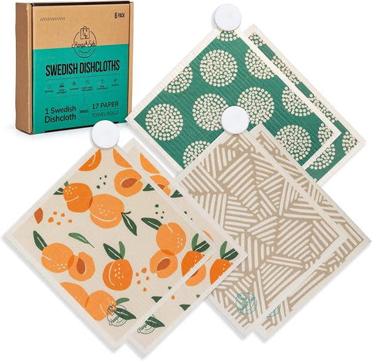 Harps&Seb Swedish Dishcloths for Kitchen Dishcloths - 6 Pack, Reusable Paper Towels with Clips, Super Absorbent Washable Non-Scratch Swedish Dish Towels, No Odor, Biodegradable