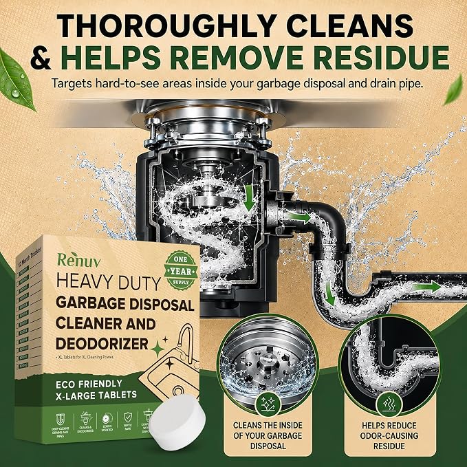 Renuv® Dishwasher Cleaner + Garbage Disposal Cleaner, 12 Tablets Each | Heavy Duty Kitchen Appliance, Deep Cleaning, Descaling and Deodorizing