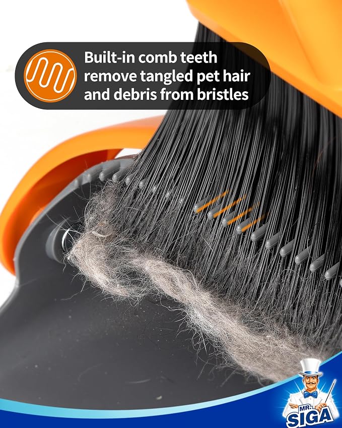 MR.SIGA Broom and Dustpan Set with Adjustable Long Handle, Gray & Orange | Stand upright broom with dustpan combo for home, office and garage easy sweeping and storage. 51.7"(131 cm) broom handle