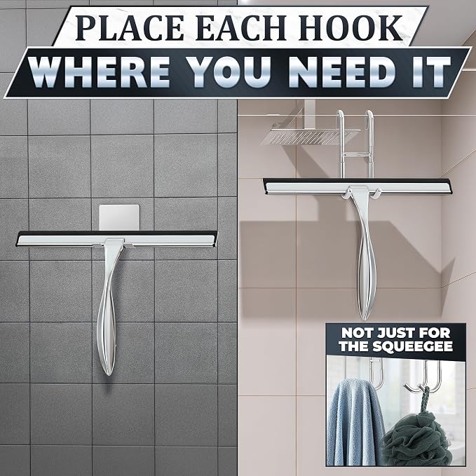 Shower Door Squeegee with Hook, 10" Silicone Blade, Steel (Silver) | Squeegee for Shower Glass with Adhesive Mount; All-Purpose Bathroom Tile, Mirror, & Window Wiper for Streak-Free Cleaning