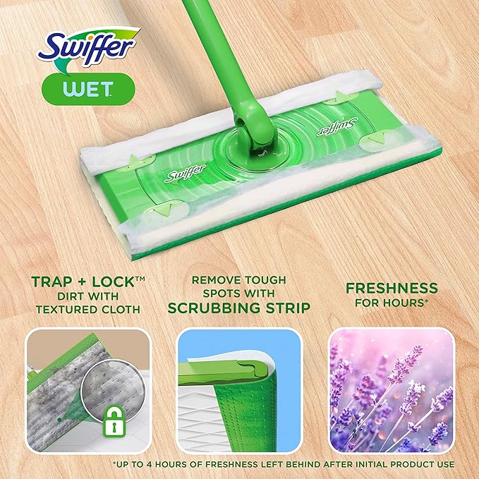Swiffer Sweep + Mop, Wet Pads Refill, Floor Cleaner for Dirt, Dust, Hair, Cleaning Cloths for Mopping Home, Bathroom, Kitchen, All Purpose Multi-Surface Floor Wipes, Lavender, 24ct