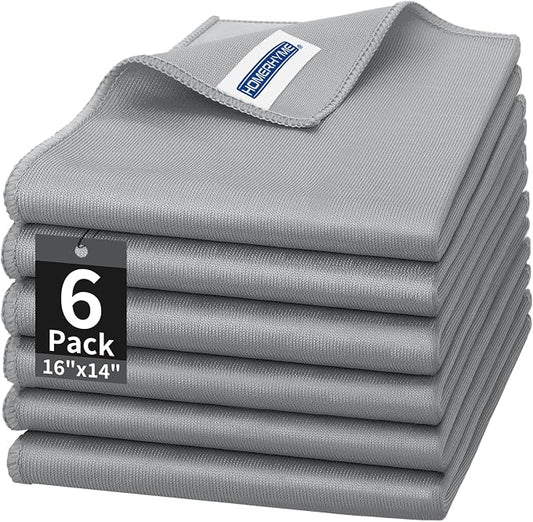 Microfiber Cleaning Cloth - 6 Pack Glasses Cleaning Cloth, 16" x 14" Window Cleaning Rags, Streak Free Lint Free Polishing Cloths Wipes for Eye Glass, Stainless Steel, Windshield, Grey