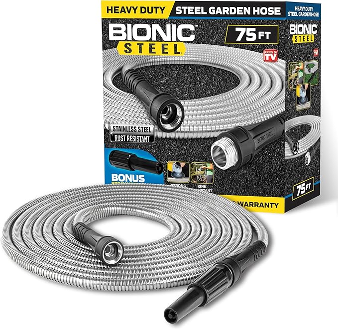 BIONIC STEEL 75 Ft Garden Hose 304 Stainless Steel, 75 Ft Water Hose, Super Tough & Flexible Metal Hose, Lightweight, Crush Resistant Fittings, Kink & Tangle Free, Rust Proof, Easy to Use & Store | Non Kinking Design, Stainless Steel Heavy Duty Water H...