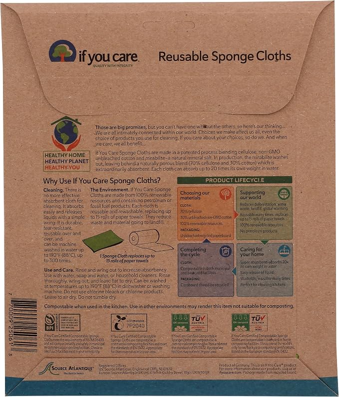 If You Care Sponge Cloths – 5 Count – 100% Natural Cleaning Rags for Kitchen, Bathroom, Home Countertop Surfaces – Absorbent, Reusable, Machine Washable, Compostable