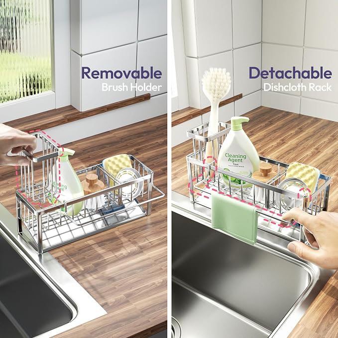 SWTYMIKI Sponge Holder for Kitchen Sink - Sink Caddy with Brush Holder and Stainless Steel Self Drain Tray, Sponge Caddy Organizer with Divider Kitchen Accessories Storage for Countertop, Silver