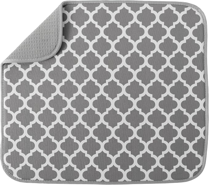 S&T INC. Dish Drying Mat, 16” x 18”, Absorbent Microfiber Kitchen Counter Mat, Dish Drying Pad for Dishes, Utensils, Pots and Pans, Large, White Trellis