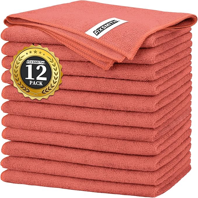 FIXSMITH Red Microfiber Cleaning Cloth -Pack of 12, Highly Absorbent Cleaning Rags, 16"X12" All Purpose Cleaning Towels for Housekeeping, Kitchen, Car, Lint Free and Reusable Microfiber Towels