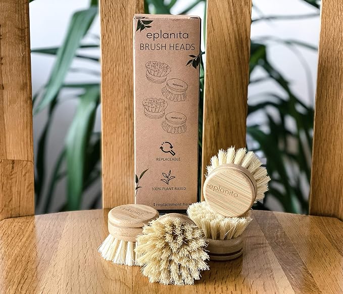 eplanita Replacement Brush Heads (Pack of 4) for Bamboo Dish Brush, Sisal Bristle Refills, Agave Cactus Fibres, Kitchen Eco Scrubber, Plastic Free Washing Up, Zero Waste Cleaning