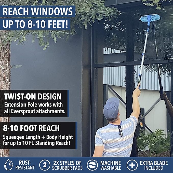 EVERSPROUT Swivel Squeegee & Microfiber Window Scrubber, 1.5 to 3ft Pole | 2-in-1 Window & Glass Cleaning Combo, Swivels to 7 Angles, 10-inch Blade, 8-10ft Standing Reach, Machine Washable, Non-Slip